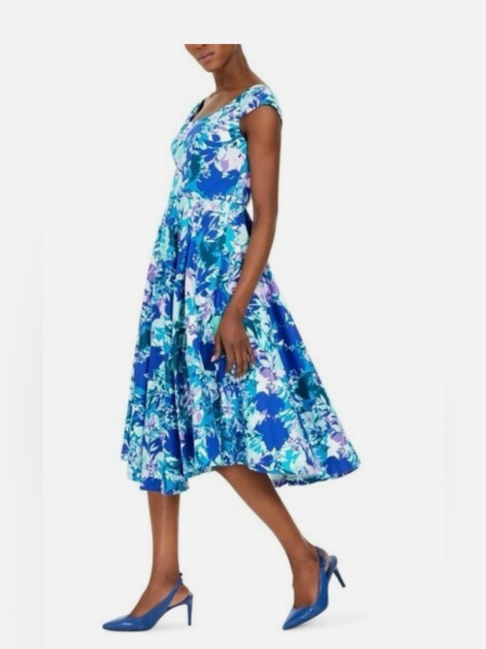 Calvin Klein Blue Floral Fit-and-Flare Midi Dress 10